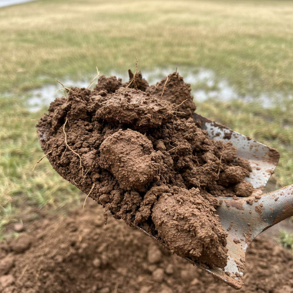 A shovelful of dense, clumpy, reddish-brown Memphis clay soil