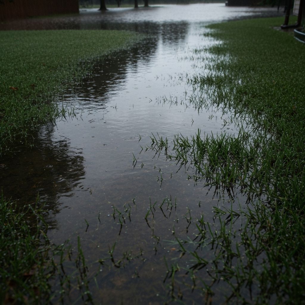 Before drainage installation in Germantown — Flooded lawn after every rain, standing water for days